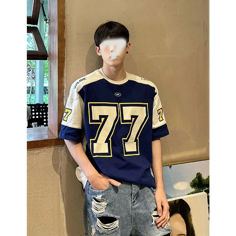 American Retro Men SportsT-shirt High Street Casual Basketball Tops Hip-hop Couple Trendy Brand Oversized T-shirt Harajuku Tees image 5