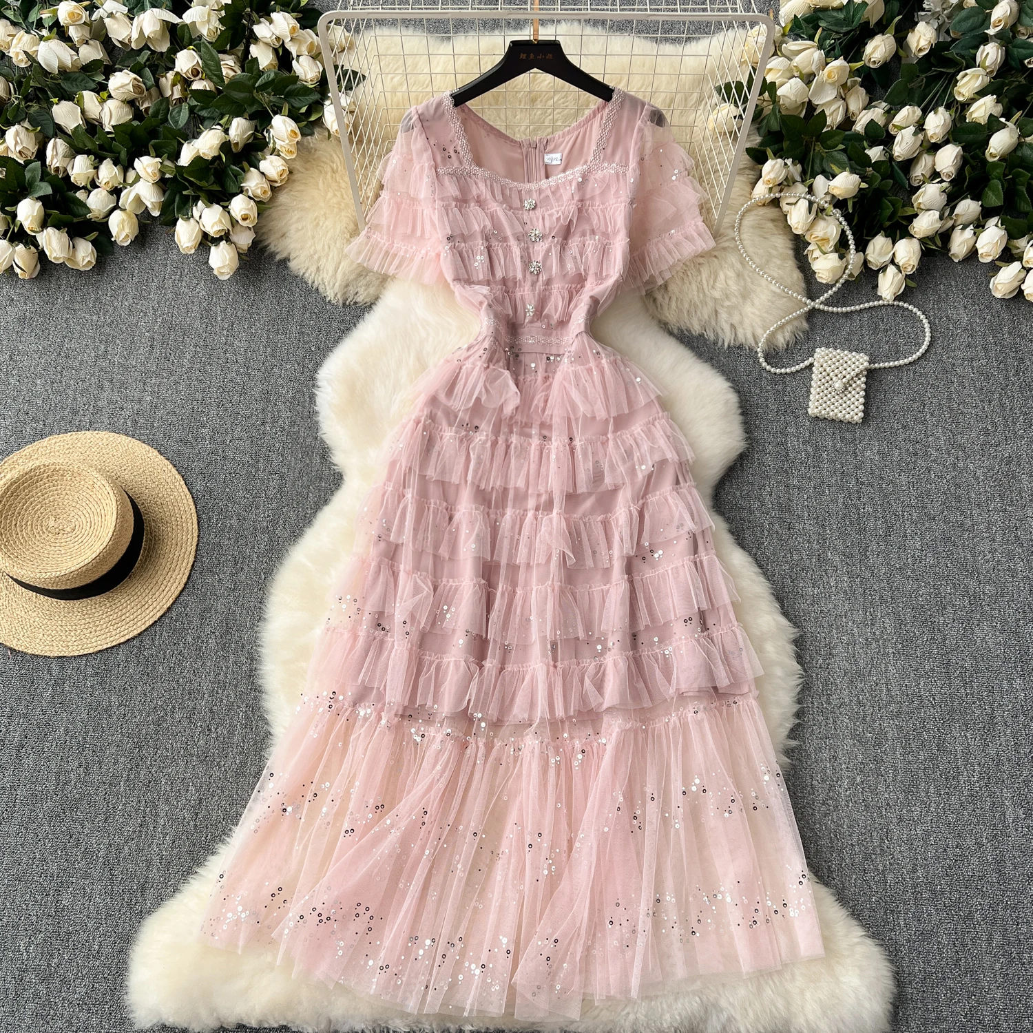 Vintage Elegant Tiered Sequin Mesh Dress Chic  A-line Fashion Spring Autumn Short Sleeve Vestidos Women Dresses