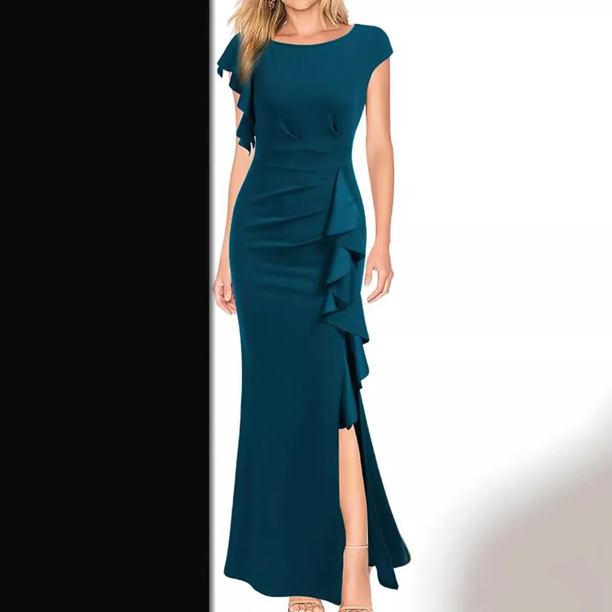 Women's Elegant High Waist Long Slit Dress with Round Neck Bell Sleeve Solid Color for Wedding Guest Party Prom Wedding Party