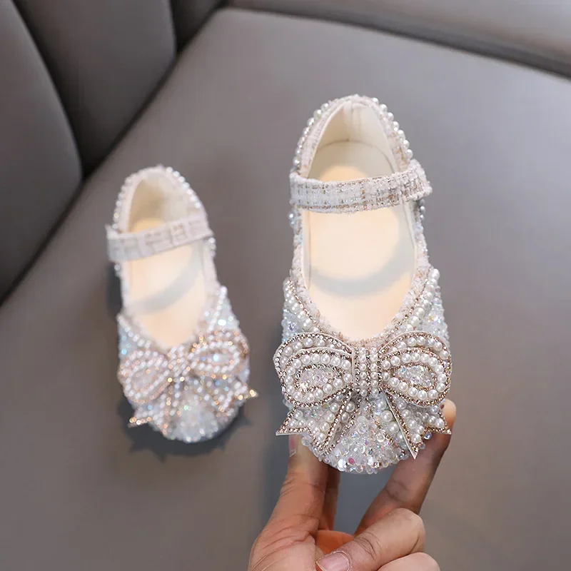 Girls Shoes Bling Single Shoes for Stage Performance Mary Janes Bow Crystal Glitter Wedding Flats Dance Party Leather Shoes New