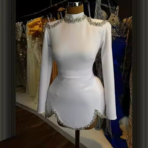 Mini Skirt Dubai Short Party Dress White Long Sleeve Short Dress With Crystal Pencil Skirt Formal Evening Dress Customizable
