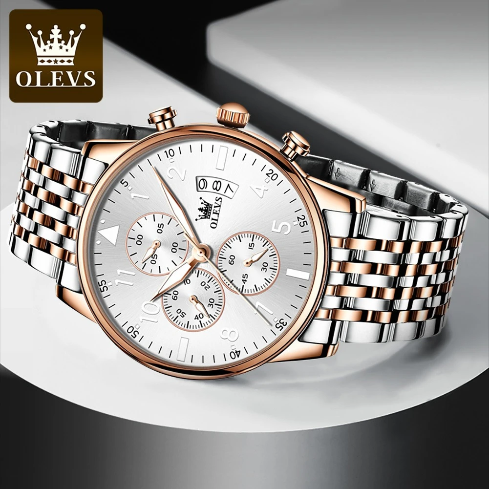 OLEVS 2869 montre de mode à Quartz cadeau bracelet en acier inoxydable cadran rond montre-bracelet chronographe calendrier lumineux petite seconde