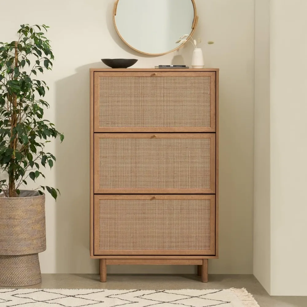 Shoe Cabinet, Natural Rattan Farmhouse Organizer, Storage, Closet Rack for Entryway, with Spacious Cabinet, Shelves