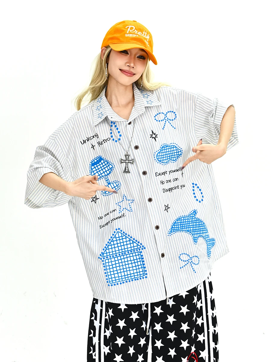 

Lazy Cartoon ort Sve irt Women's Loose BF Sle Retro Casual Couple Top Trendy Streetwear Regular Fit Button up