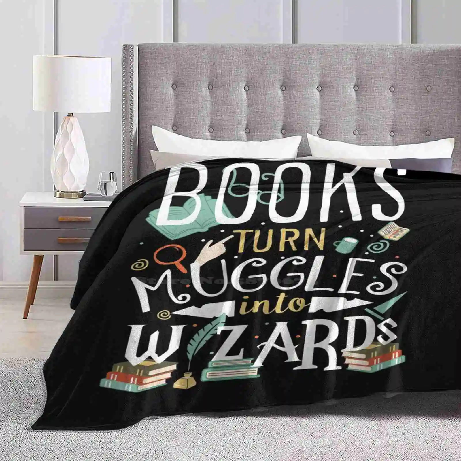 Books Turn Into All Sizes Soft Cover Blanket Home Decor Bedding Books Reading Worm Quotes Magic Wizard Hp Love Lettering Library