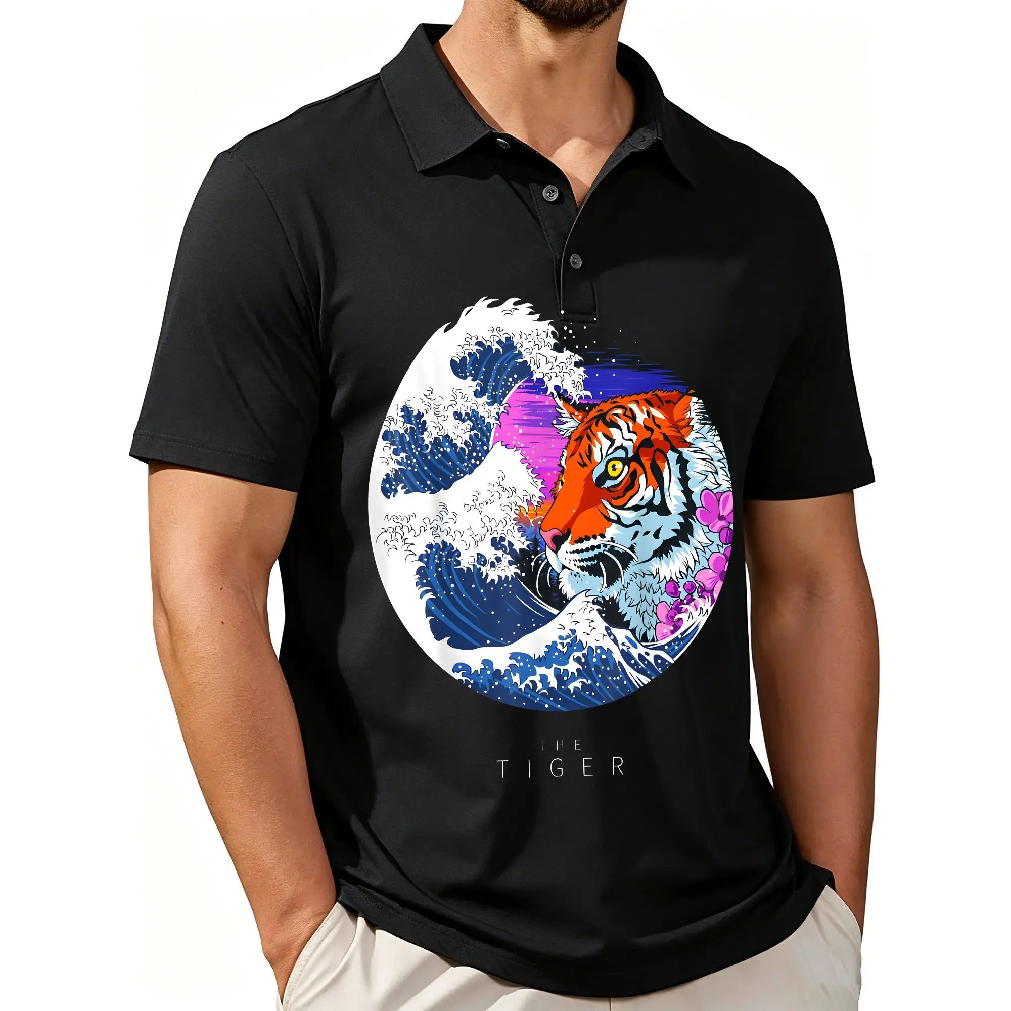 Men's Printed Short-Sleeved Polo Shirt with Sea Wave, Tiger, and Cherry Blossom Patterns, Stylish and Casual Fit, Breathable Fabric, Suitable for All Seasons.