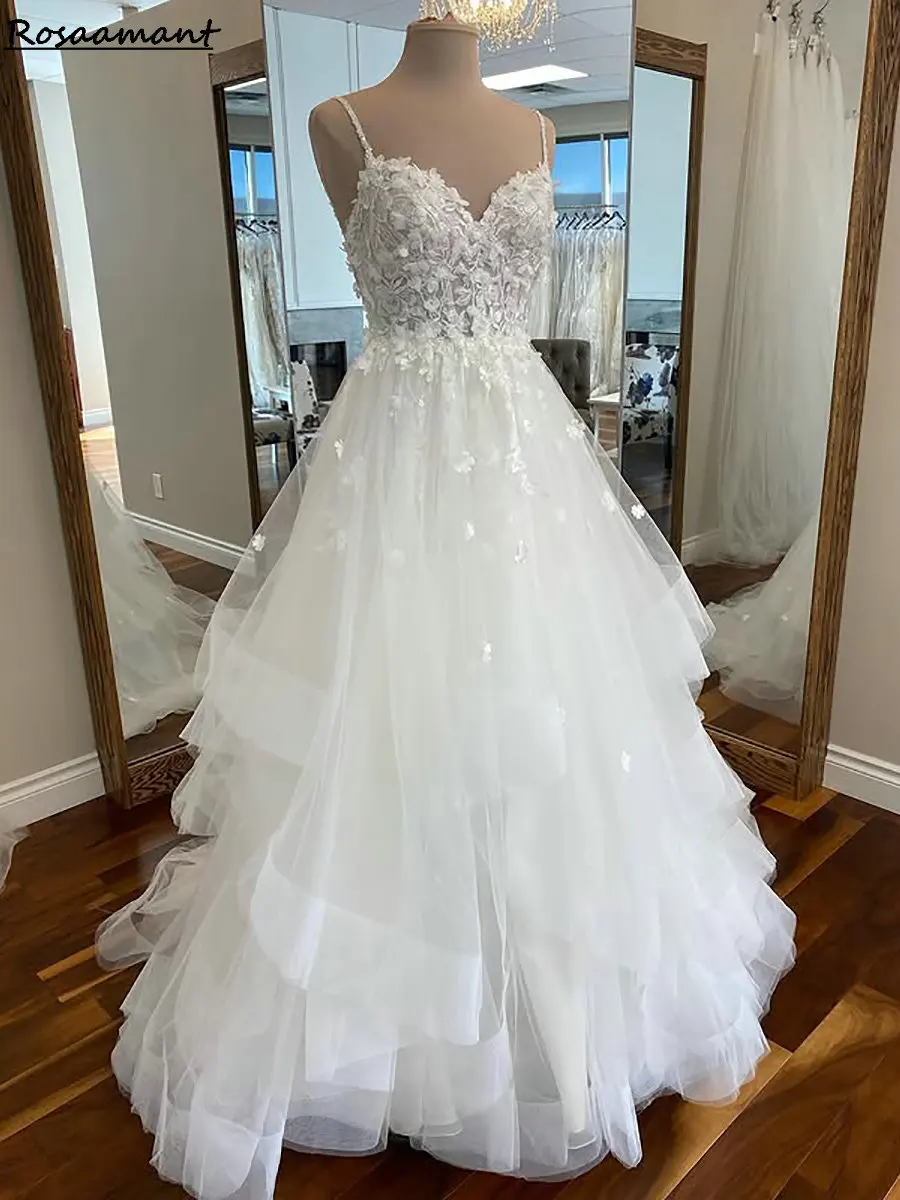 

Newest Appliques Lace Ruffles A-Line Wedding Dresses Spaghetti Straps Sleeveless Country Bridal Gowns