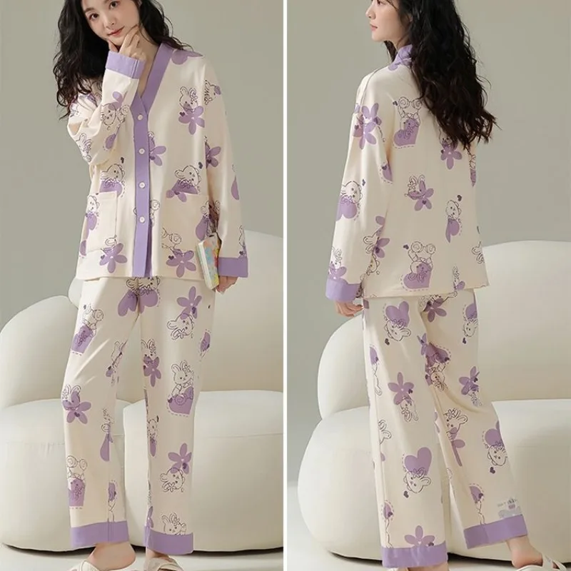 Conjunto de pijama feminino de manga comprida, puro algodão, elegante roupa de dormir larga para estudantes, terno de serviço doméstico, novo para primavera e outono