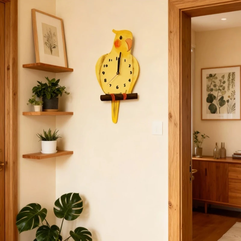 Cockatoo Silent Wall Clock Cartoon Decor Room Simple Hand-painted Reloj Orologio Da Parete Living Room Decoration Часы Настенные