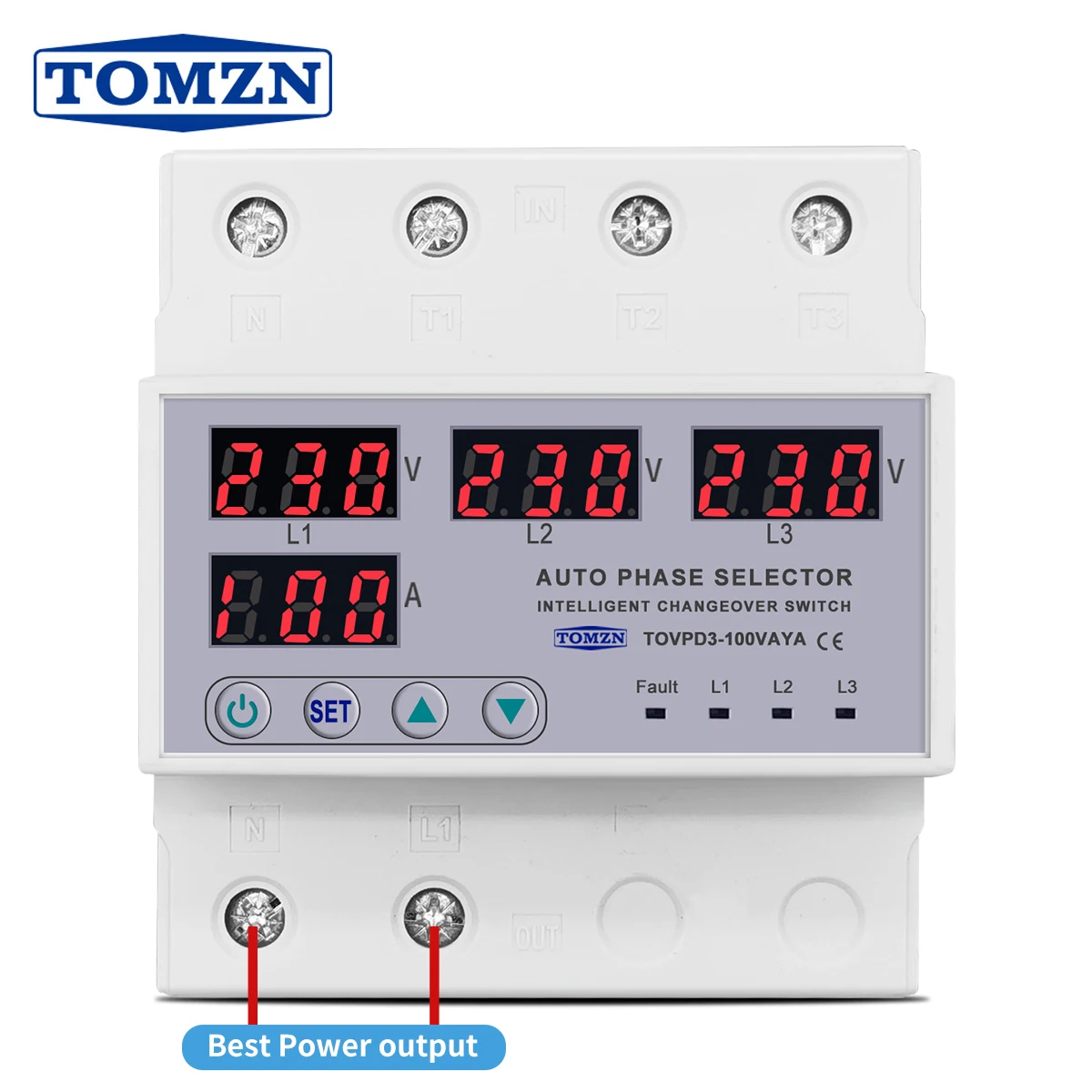 100A TOMZN 3 phase 3P+N Din rail phase selector adjustable Over and Under Voltage current protection Monitor Relays Protector