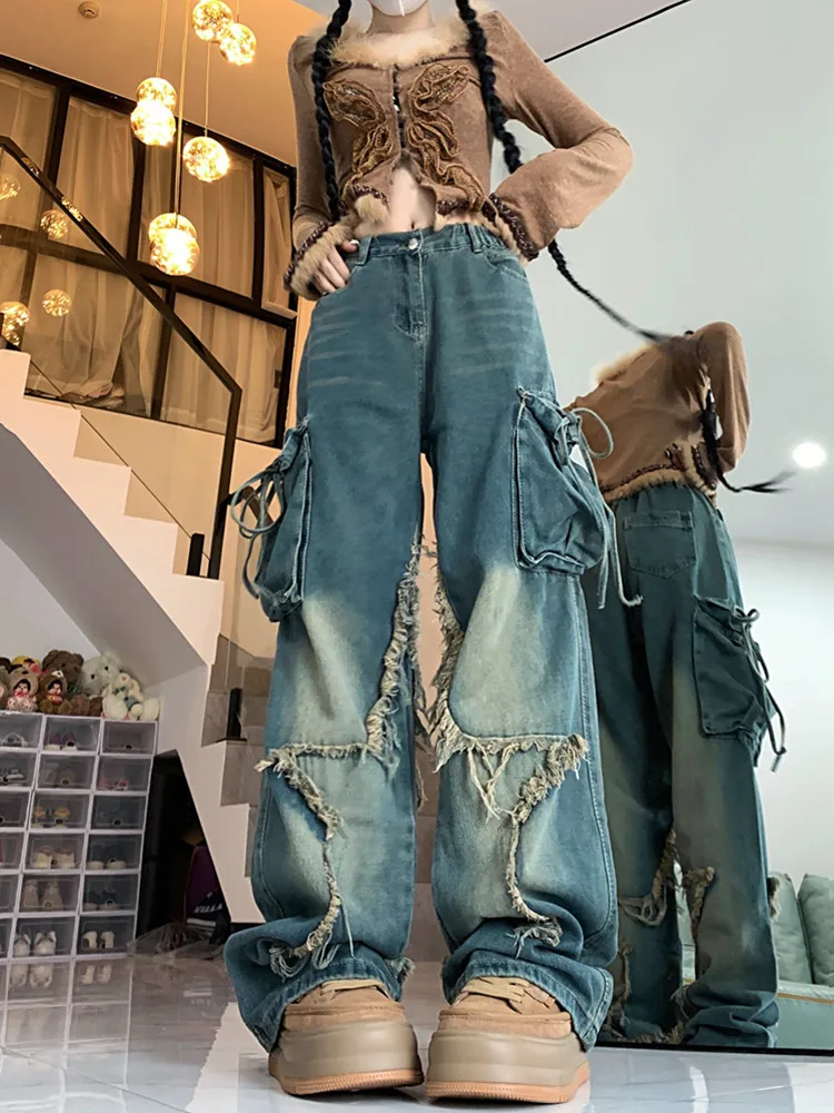 2023 Y2K Streetwear Star Embroidery Baggy Stacked Cargo Jeans Pants For Women Clothing Straight Lady Wide Leg Old Denim Trousers