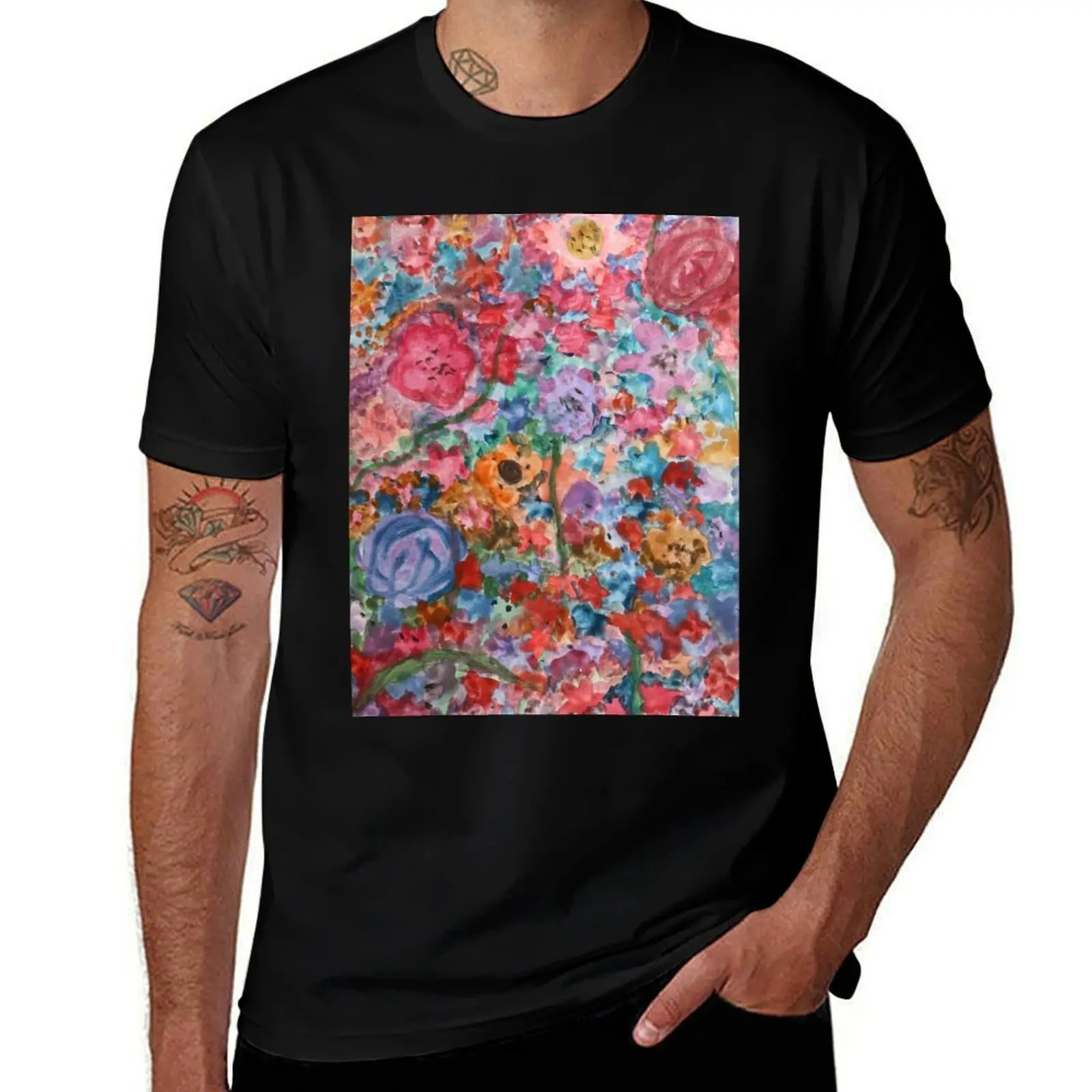 Floral. Roses and blooms handpainted in acrylic T-Shirt Casual Fashion Print Tee Top T-Shirt
