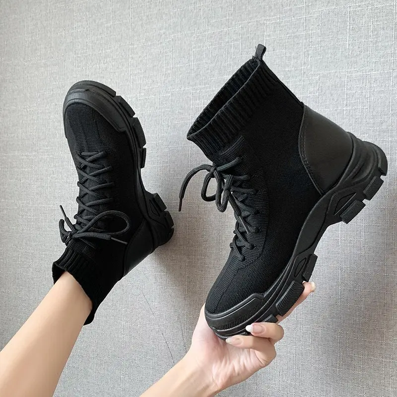 Women Ankle Boots Breathable Knitted 2021 Fashion Autumn Female Platform Boot Lace Up Mid-calf Boot Ladies Shoes Footwear