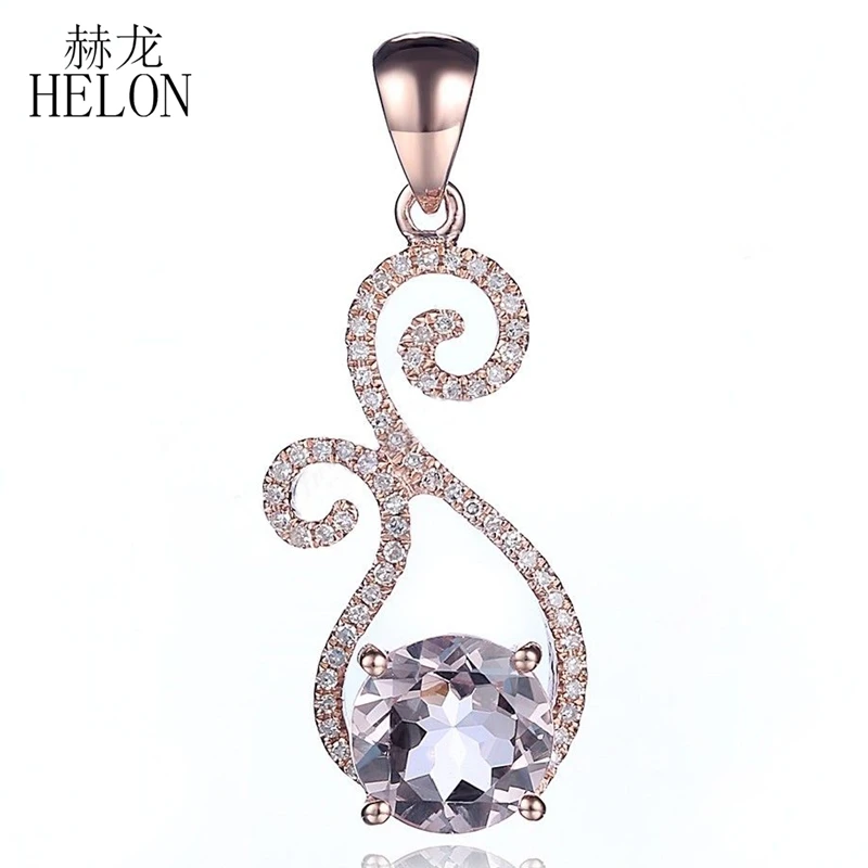 

HELON Solid 14K Rose Gold Flawless Round 8.5mm Natural Morganite Diamonds Pendant for Women New Charm Trendy Jewelry