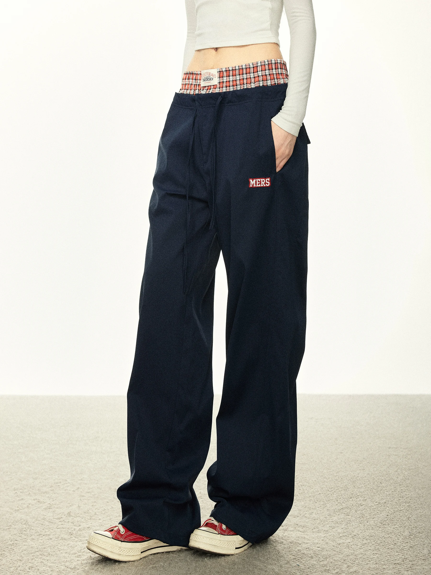 Aaisup American Style Plaid Wide Leg Loose Casual Pants Trousers Autumn New Loose Straight Cut Floor-Length Patchwork