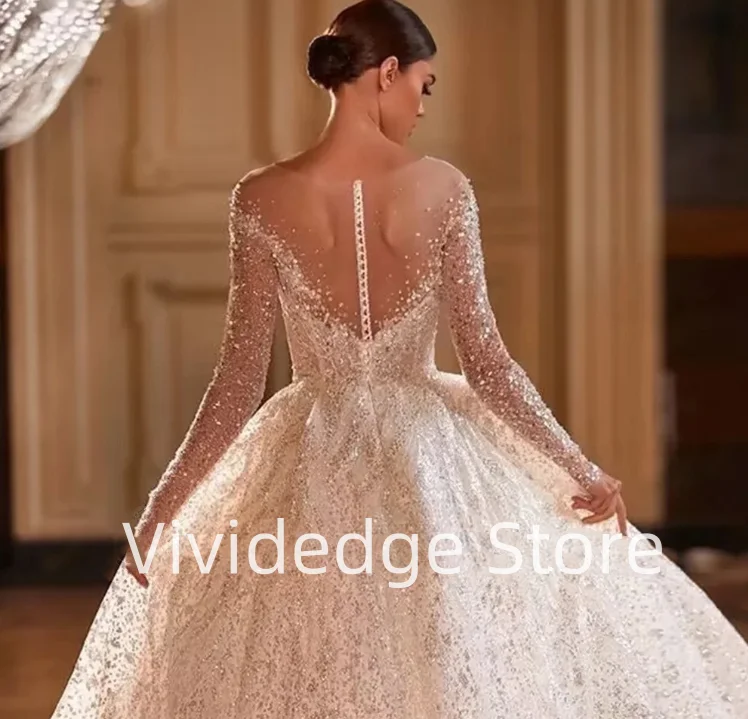 تخصيص بريق فستان بكم طويل الزفاف مطرز تول فساتين الزفاف الفاخرة ألف خط فساتين vestidos de boda para fiestas