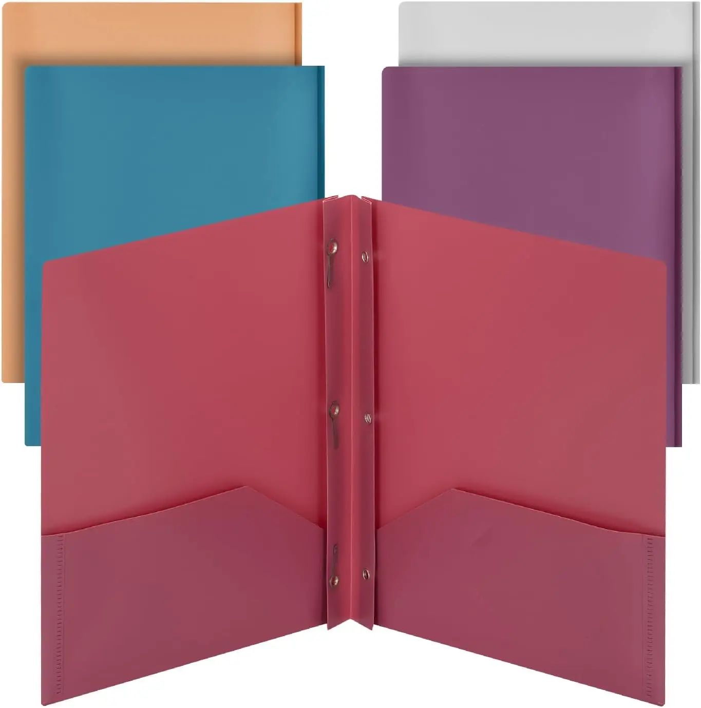 

5-Pack Plastic Folders with 2 Pockets & Prongs, Assorted Colors for Document Organization