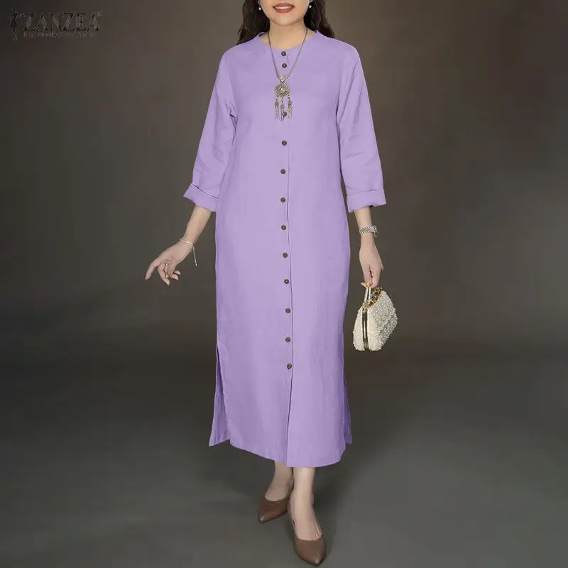 ชุดเดรสเชิ้ตแขนยาวแฟชั่น ZANZEA สำหรับผู้หญิง สไตล์ฤดูใบไม้ร่วง ดีไซน์หรูหรา ติดกระดุม สวมใส่สบาย ทรงแม็กซี่ รุ่น 2026 ฤดูใบไม้ผลิ คอทรงโอ ทรงหลวม สีพื้น