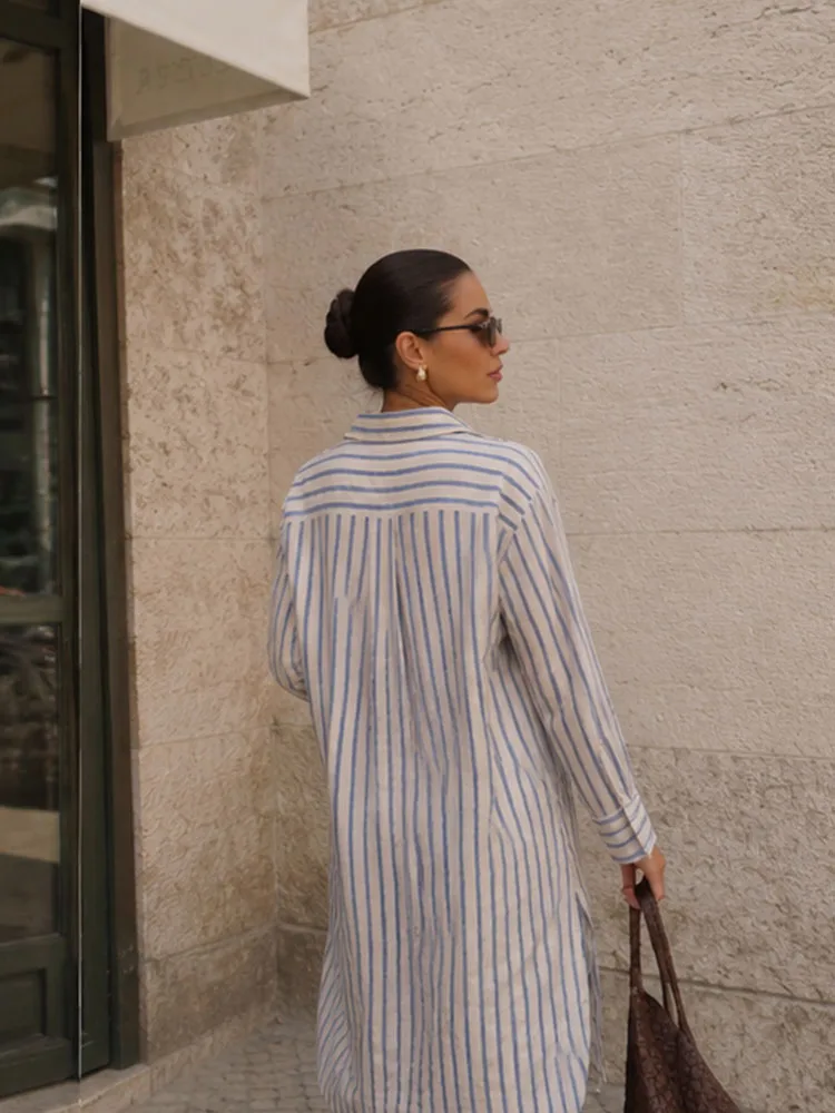 HH Women Spring Summer Casual Blue White Striped Shirt Dress Collar Half Button Long Sleeve Side Slits Loose For Beach Vacation