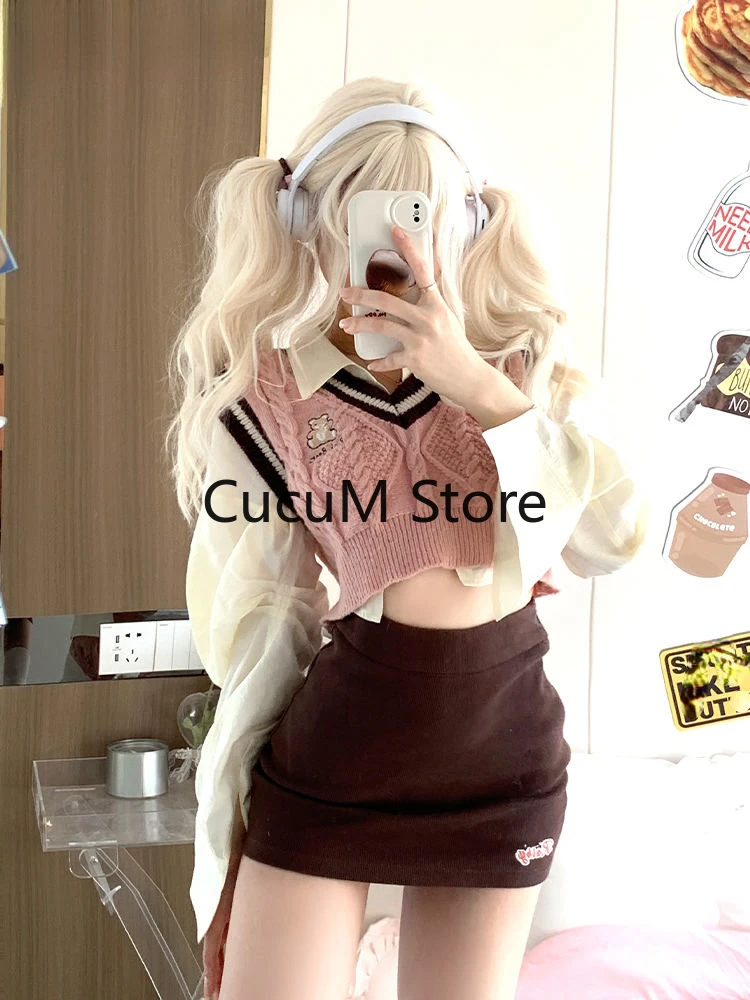 Korean Women Clothes 3 Piece Set Fashion Skirts Outfits Knitted Cropped Vest Long Sleeve White Shirt Bodycon Mini Skirt Suit