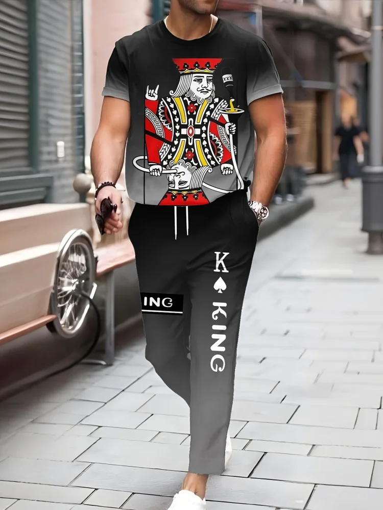 

Men's Summer Playing Card Print Set Stylish Streetwear Look A Sophisticated Two-Piece Set with Short-Sleeve Shirt and Long Pants