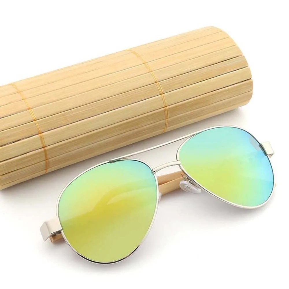 Bamboo Wood Temple Double Bridge Shades Metal Front Frame Mosaic Color Legs Big Frame Sunglasses Sturdy Hinge Anti Glare Coating