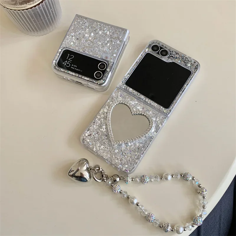 

Heart Mirror Glitter Phone Case for Samsung Galaxy Z Flip 6 5 4 3 Protective Back Cover for ZFlip4 ZFlip5 ZFlip6 Case