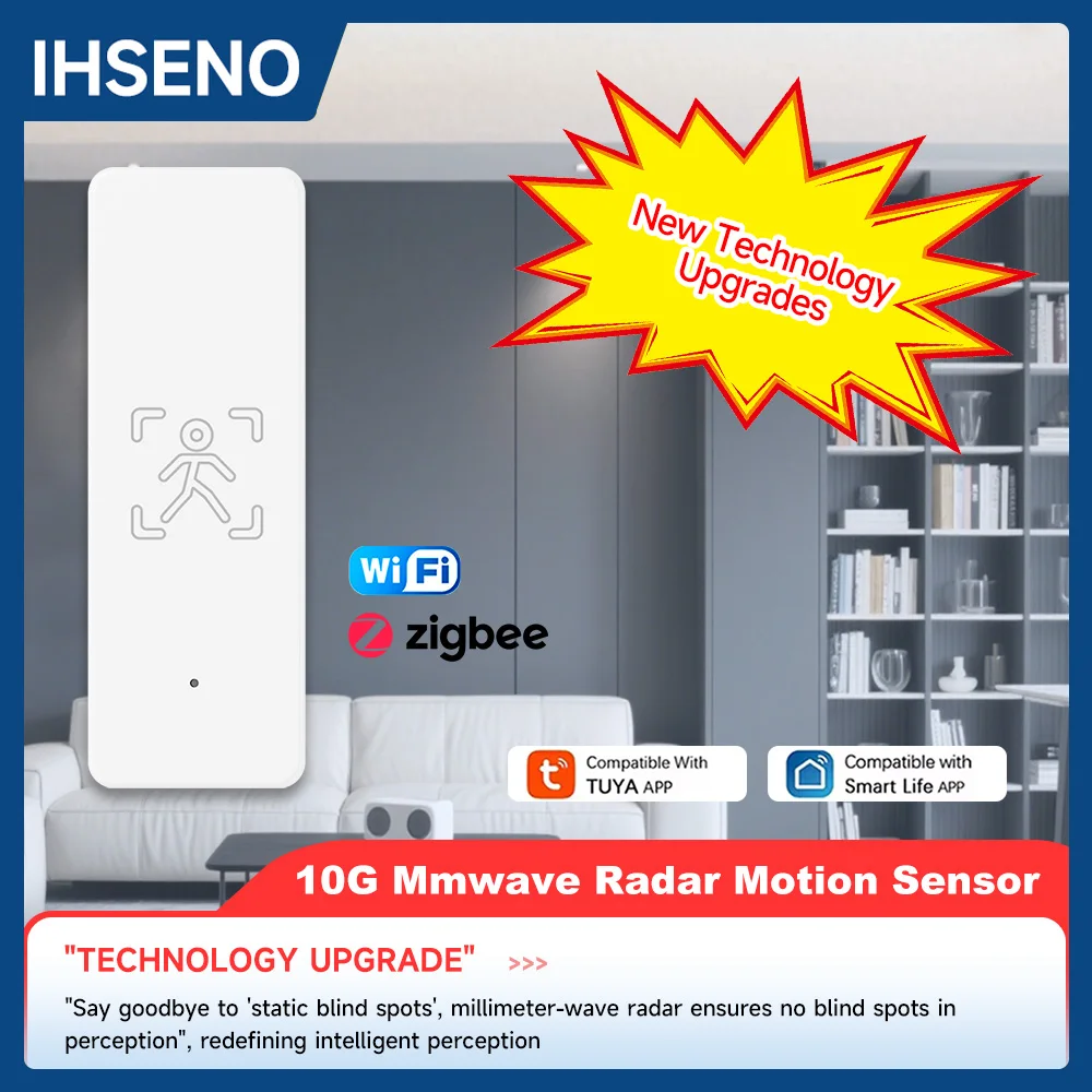 IHSENO Tuya ZigBee Human Presence Sensor WiFi Motion Sensor 10G Radar Detection Smart Home APP Remote Control Security Protect