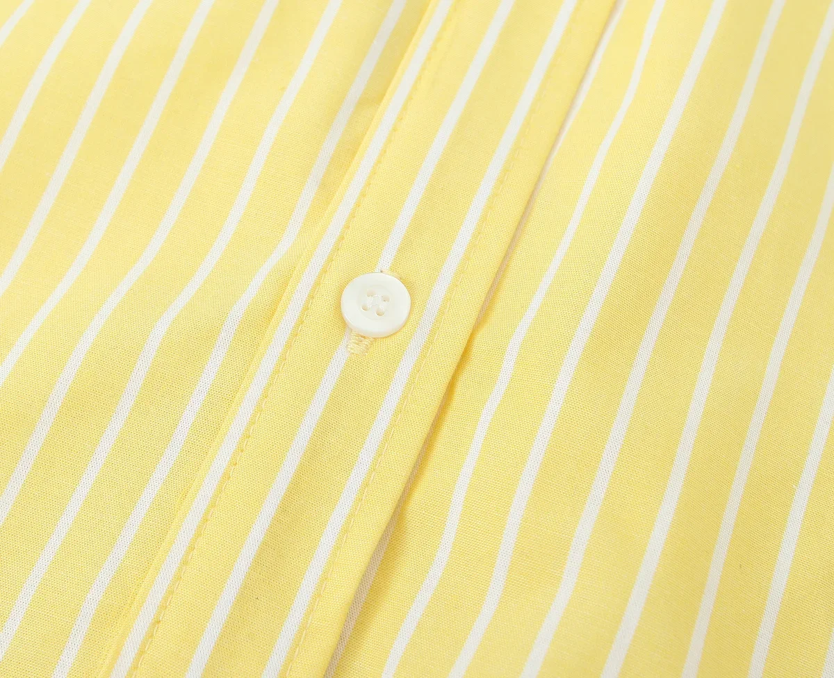 Elegant Women Yellow Striped Casual Loose Shirt Top Woman Lapel With Sleeves Buttons Long Blouses Summer Beach Style