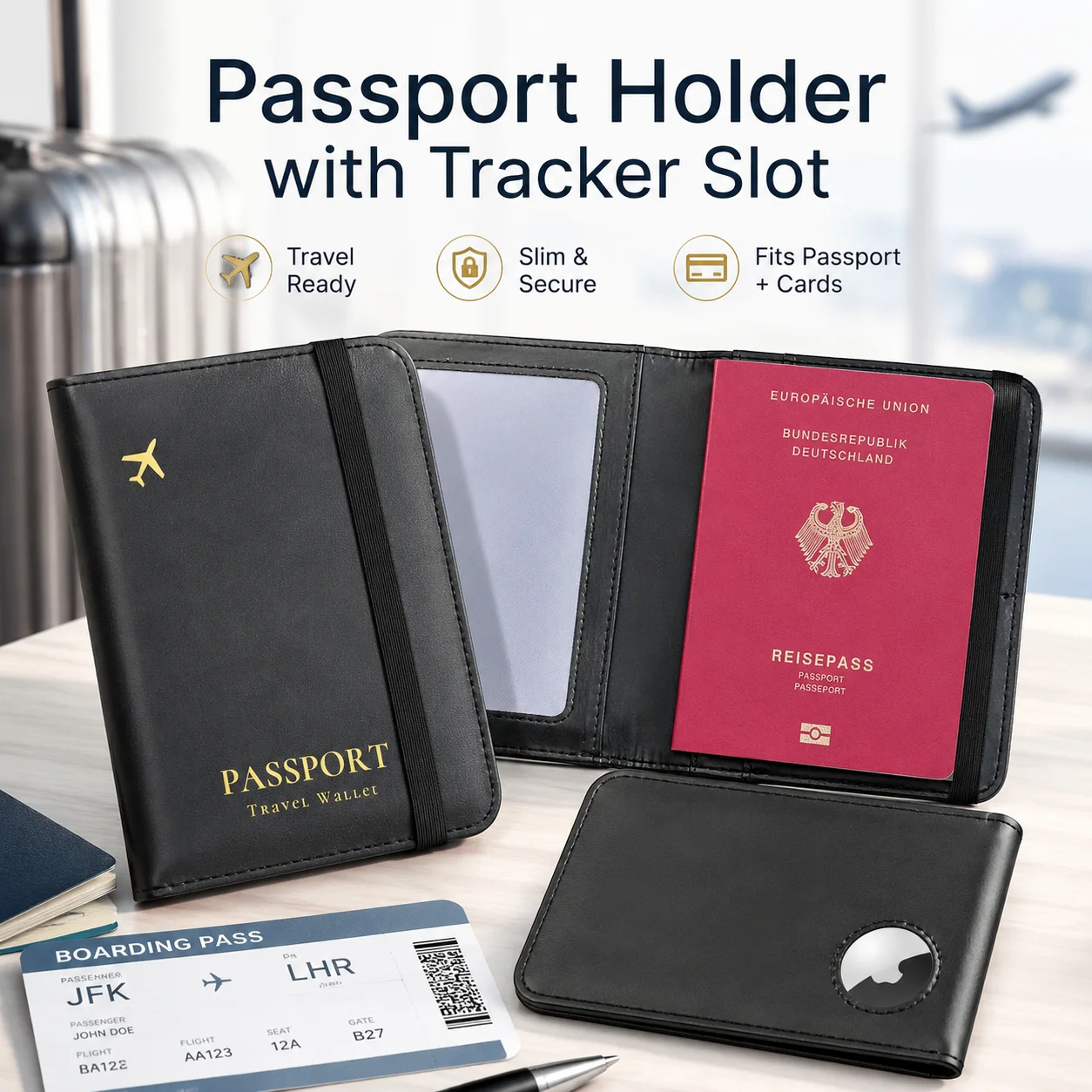 Blocking Passport Holder with AirTag Slot Family Travel Wallet Document Organizer Passport Cover Card Case for Men Women