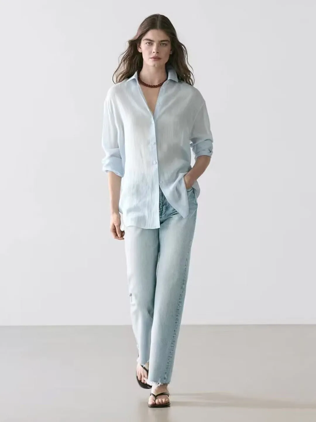 

New Summer Women's Cotton Linen Shirt Long Sleeve Breathable Skin-friendly Simple Color Turn-down Collar Commute Style Top