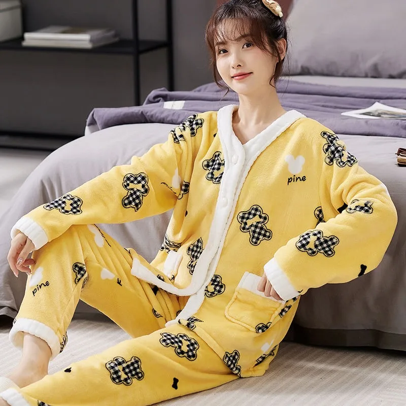 2024 Nieuwe Herfst Winter Flanellen Pyjama Voor Dames Lange Mouwen Oversized Nachtkleding Koraalfluwelen Loungewear Set Schattige V-Hals Homewear