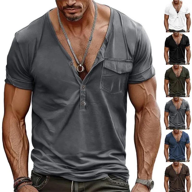 

Men's Cross-Border Amazon Large Size Summer Casual Slim Short Sleeve V-Neck Pocket