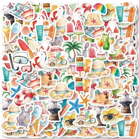 46PCS 해변 테마 스티커 세트 – 불가사리, 아이스크림, 비키니 디자인으로 일기, 노트, 물병, 스케이트 보드 장식용 어린이 장난감