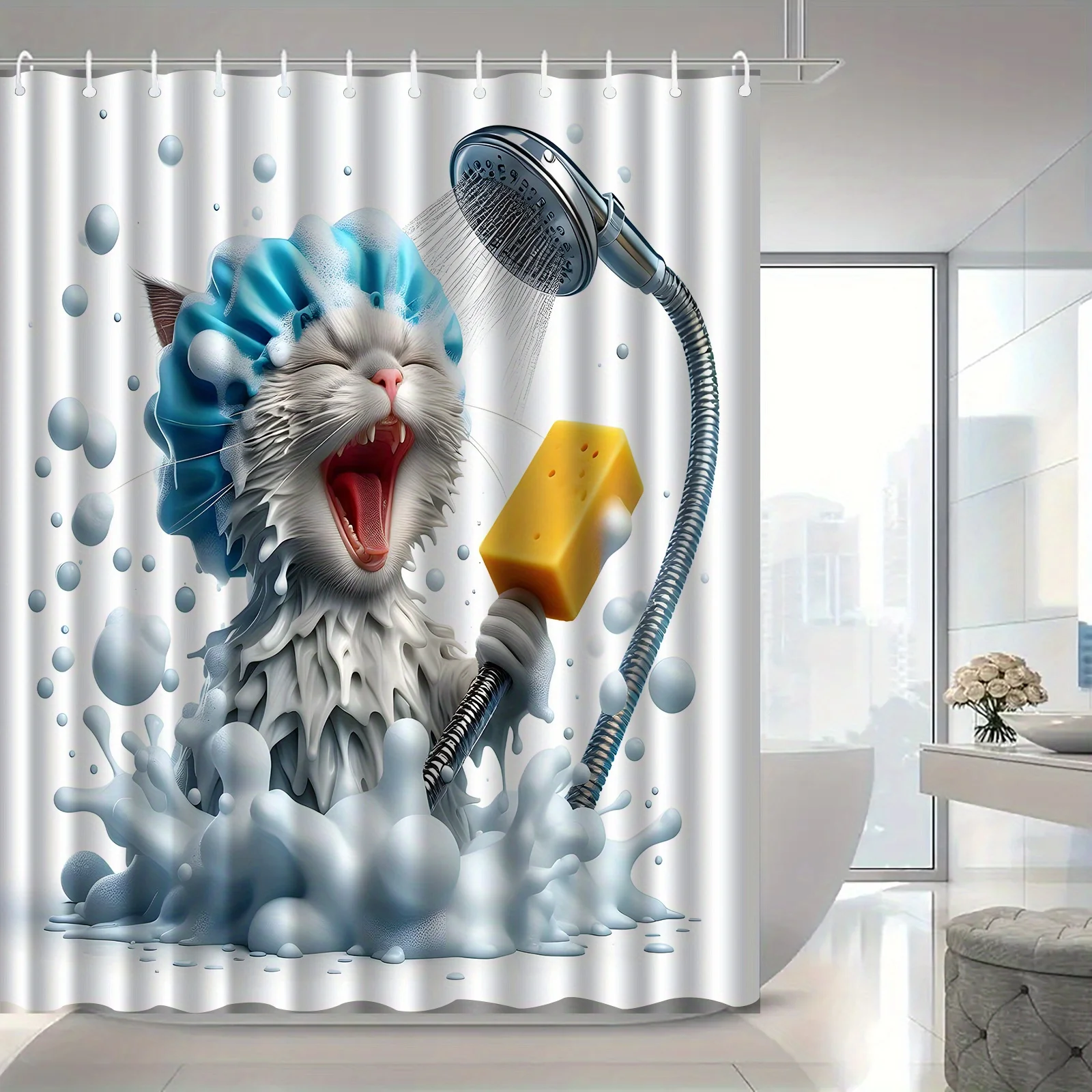 Funny Cat Taking Shower With Soap Shower Curtain Humor Animal Art Bathroom Decor Unique Pet Print Waterproof Bath Curtain