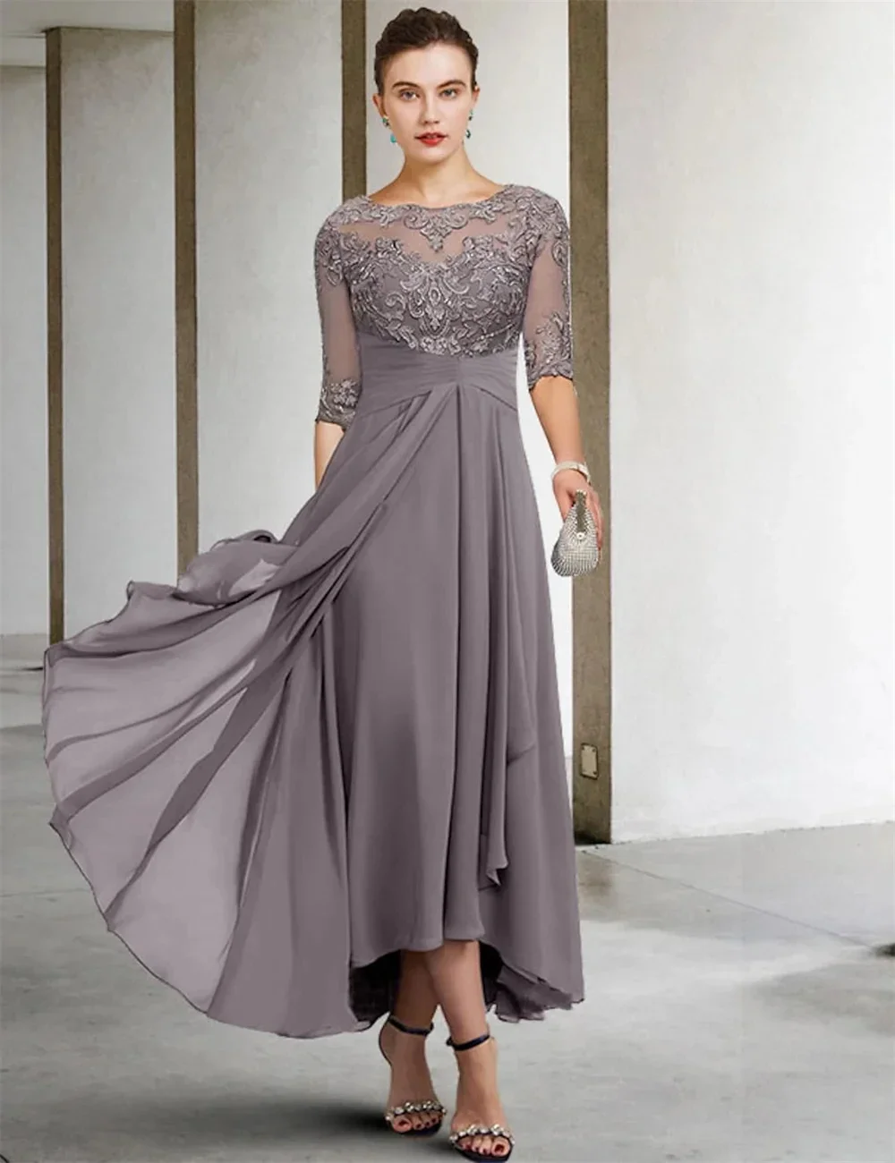 

Customized Formal Mother of The Bride Dresses Plus Size Wedding Party Dresses Elegant Half Sleeve Ankle Length Chiffon with Lace