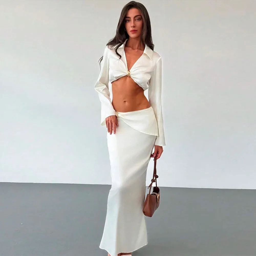 الحسية المجهزة فستان طويل حفلة Bodycon فستان النادي فتاة الساخنة 2025 الخريف حار نمط الساتان قطعتين مجموعة عميق الخامس كم طويل