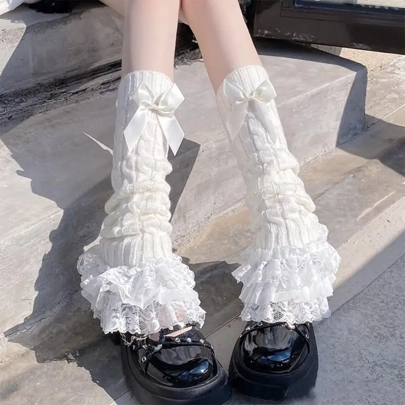 

Layered Ruffled Lace Leg Warmers Women's Cable Knit Leg Covers with Bows Accent