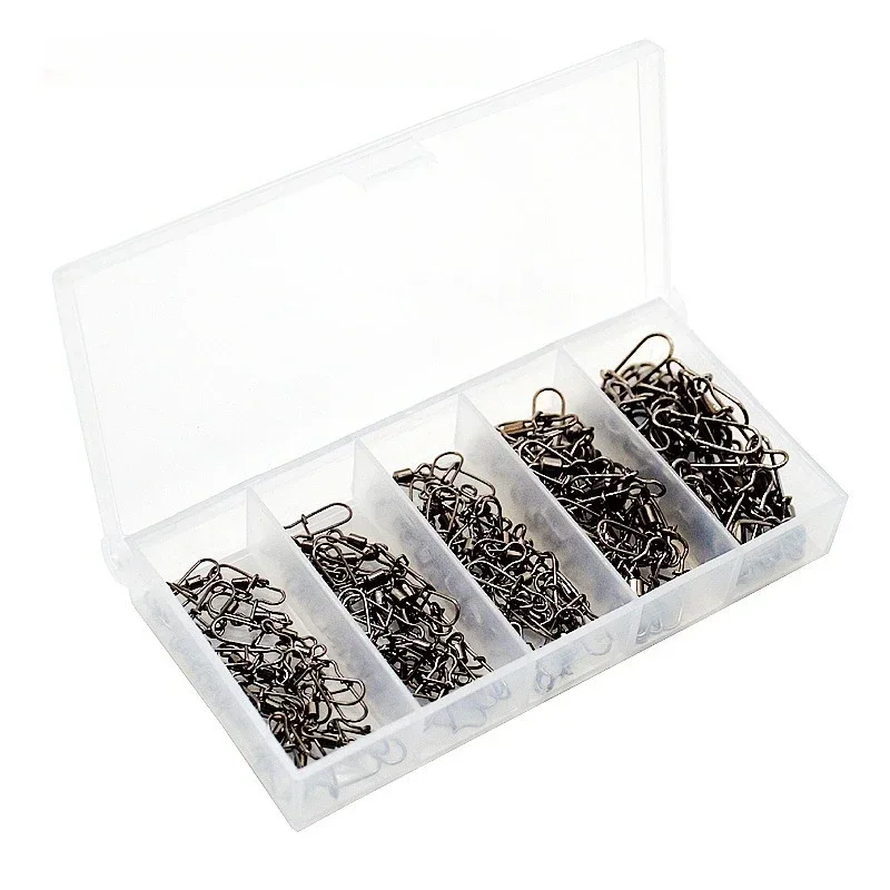 50pc/100pcbox Stainless Steel Fishing Connector Pin 4# 6# 8#10#12# Bearing Rolling Swivel with Snap Fishhook Lure Accessories