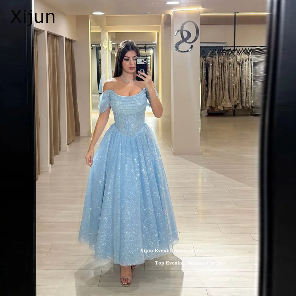 

Xijun Glitter Blue Evening Dresses Off The Shoulder A-Line Sparkly Prom Dresses Ankle Length Formal Party Gowns Women Customized