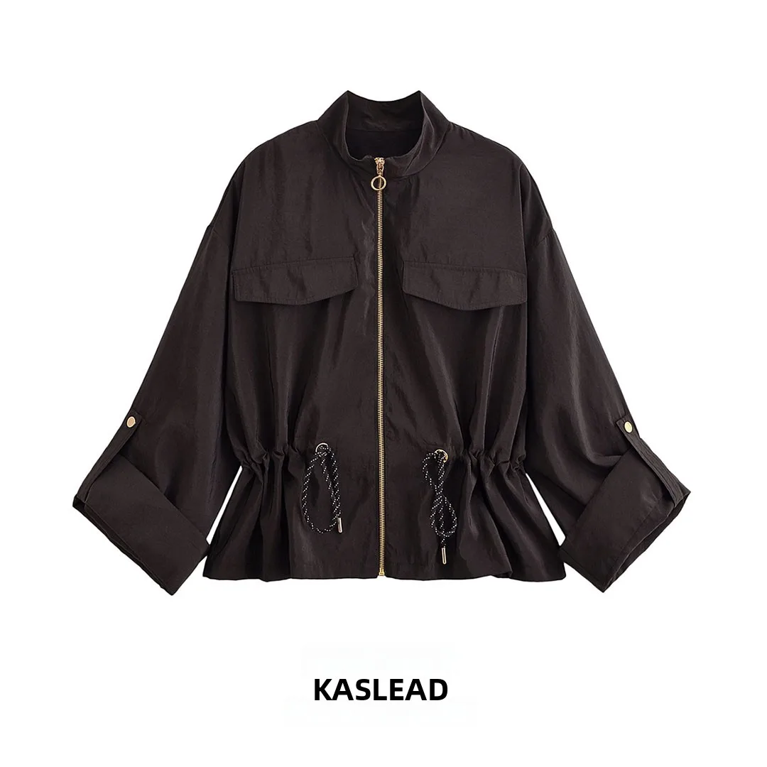 

KASLEAD Faionable Stand Collar Workwear Jaet with Dstring Waist Cinching Women's ort Outerwear Street Sle