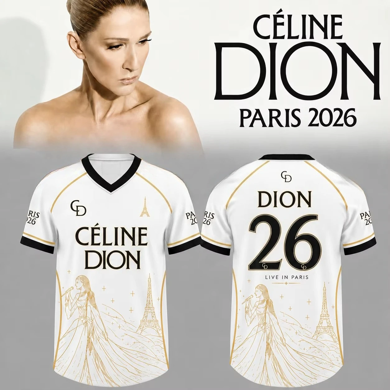 New Celine Dion Paris 2026 Tour Soccer Jersey Gold Eiffel Tower Print Unisex V‑Neck Short Sleeve Tee Fan Shirt for Concert Party