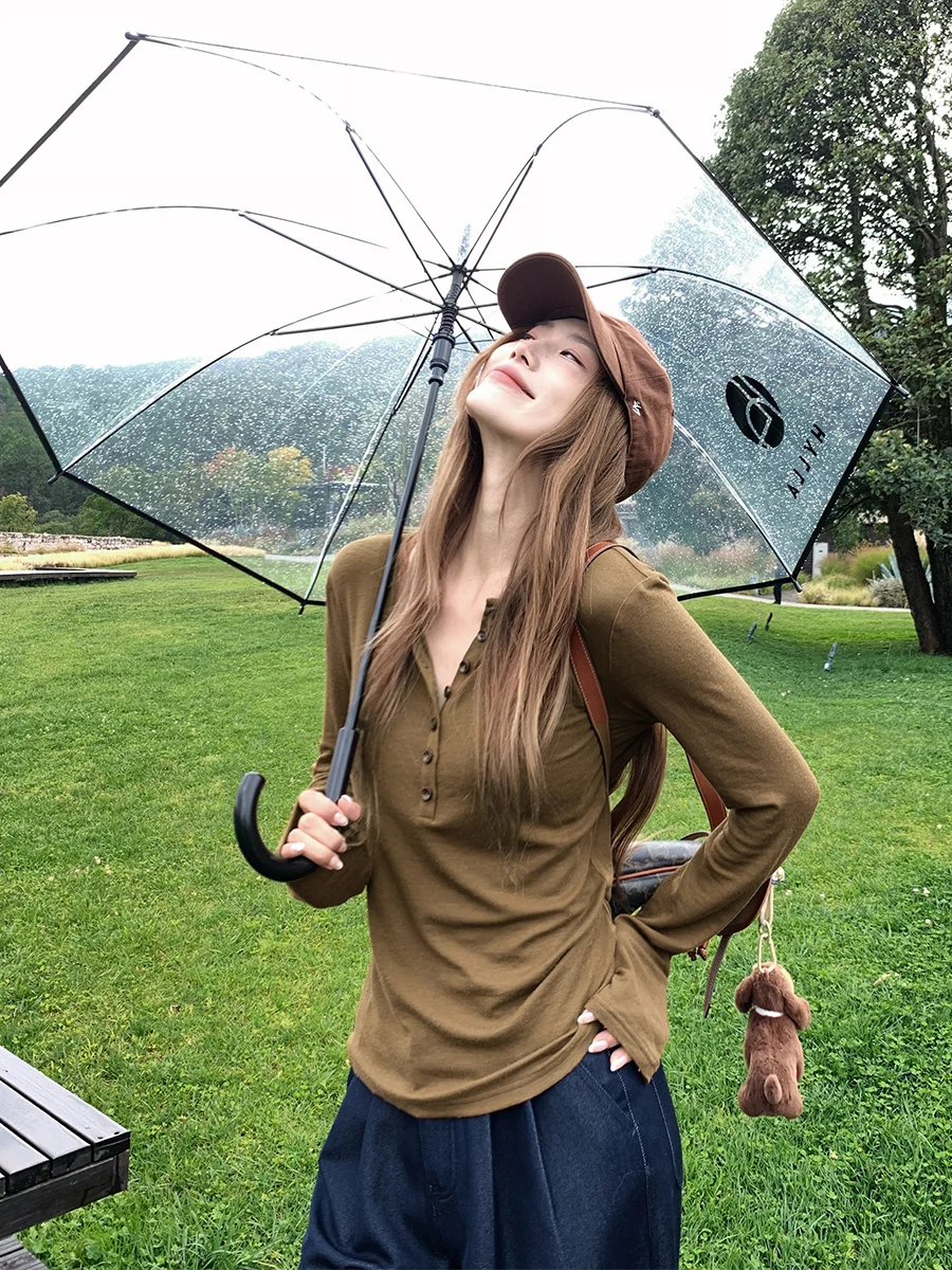 

New Generation Multi-Button Woolen Knitted Top for Women by Xiao Jun Jun Brittany Casual Soft V-Ne Long Sve irt