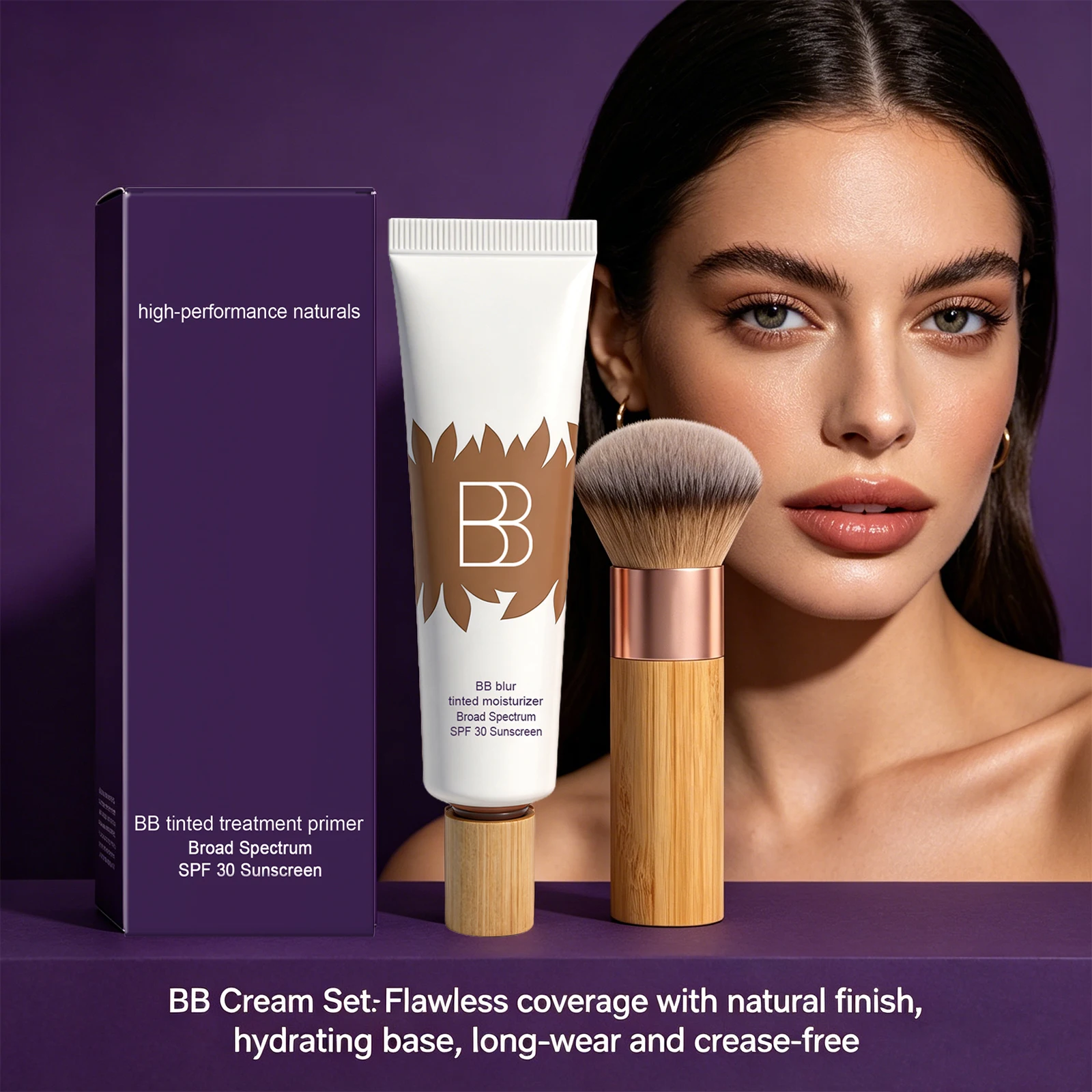 Bb Cream with Brush Set Concealer Not Sticky Face Foundation Full Coverage Long-Lasting Makeup Nourishing Natural Makeup