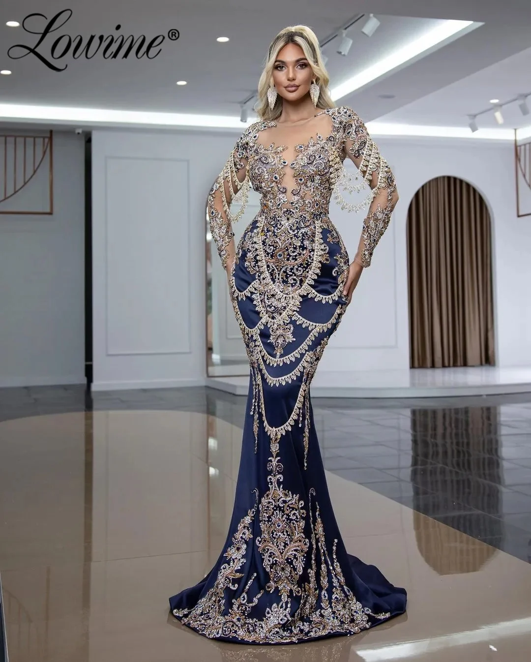 Navy Blue Luxury Arabic Evening Dresses Mermaid With Detachable Train Full Crystals Beaded Wedding Prom Party Dress Customize