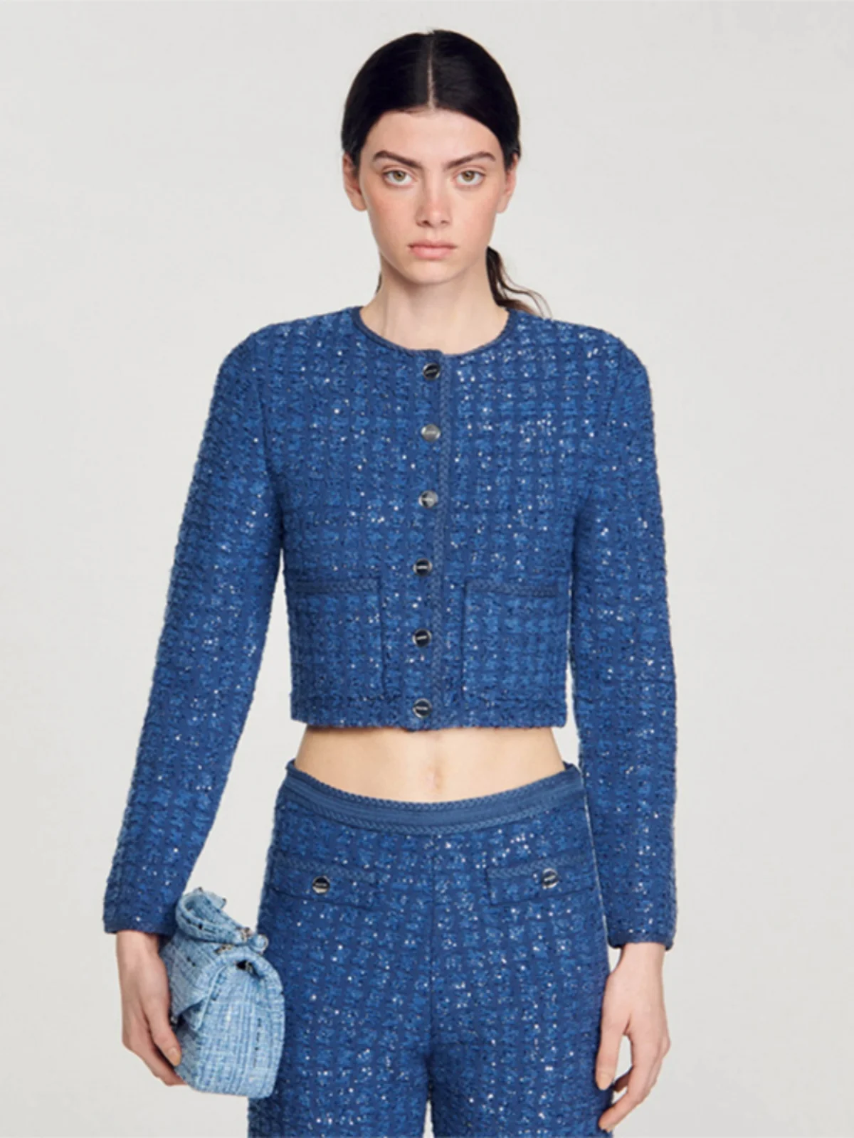 

Женский весенне-летний новый повседневный прямой жакет на пуговицах с круглым вырезом, украшенный пайетками, вязаный