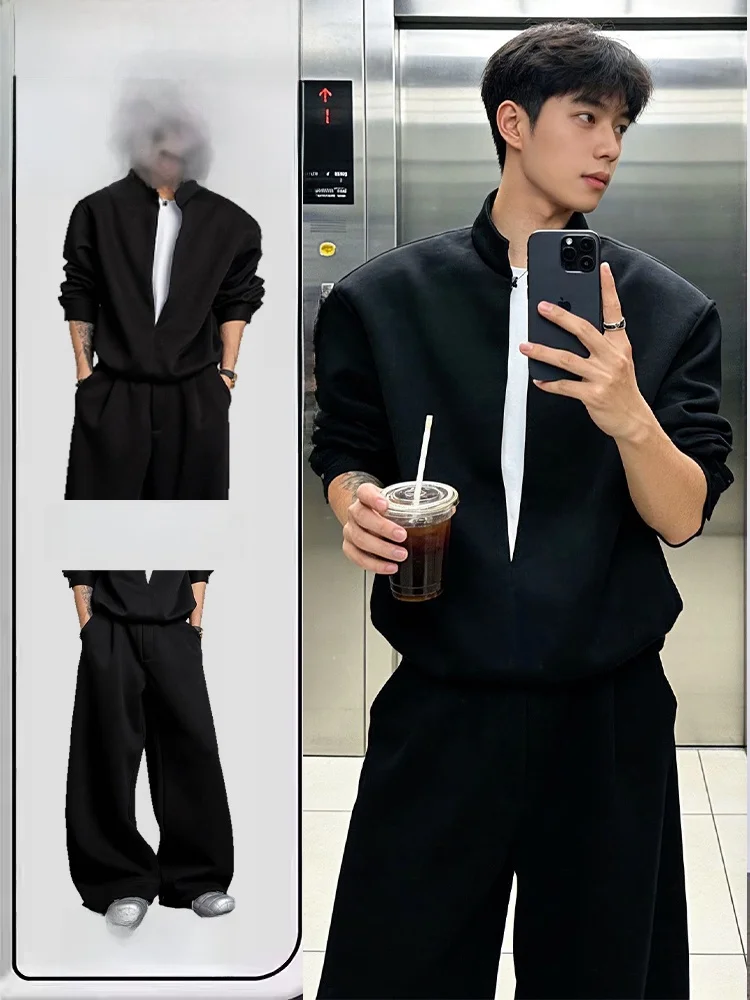 

Bla Preppy Sle Fake Two-Piece Hoodie Pants Set for Men Spring Faionable Cool Haome Outerwear Teenagers Long Sve