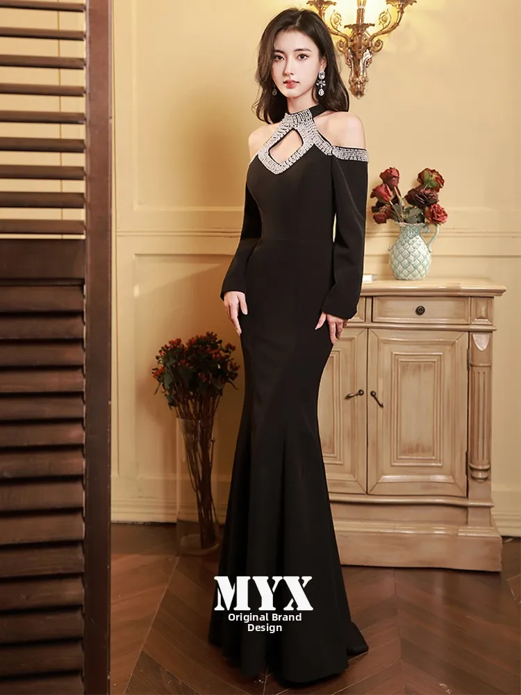 

Элегантное вечернее платье с длинными рукавами и шлейфом для женщин, класса люкс, приталенное, для празднования Нового года