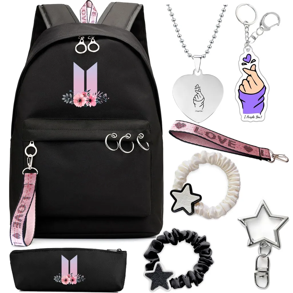 Alikpop Valentine\'s 8-Piece Anime Backpack Set with K-Pop Jewelry, Y2K Hair Accessory, and More - Durable & Stylish