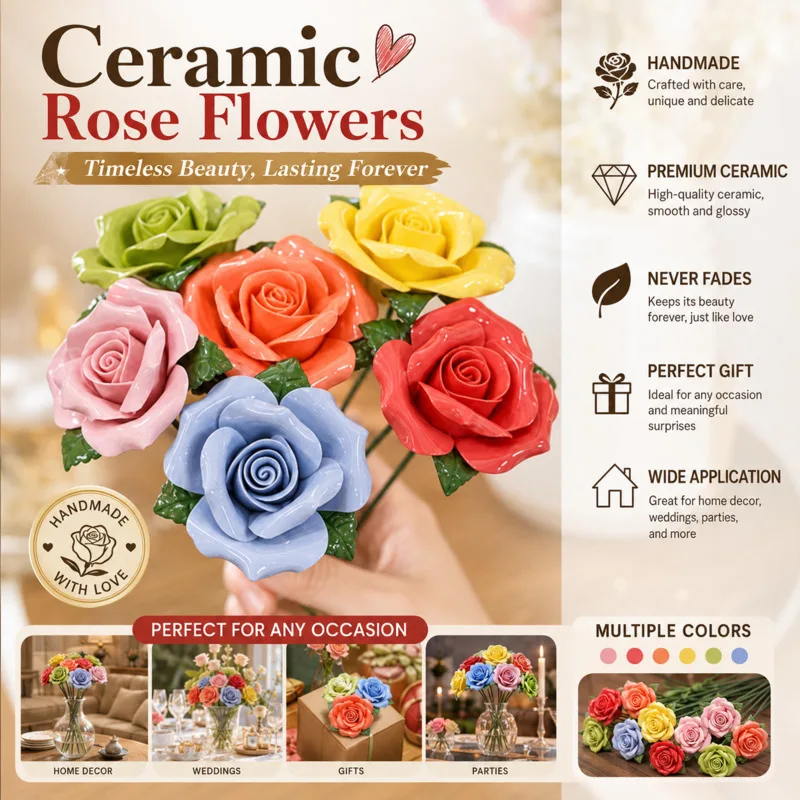 

Roses 6 PCS Luxury Ceramic Rose Flowers Decor Artificial Porcelain For Vase Arrangement Home Living Room Decoration Teacher Gift